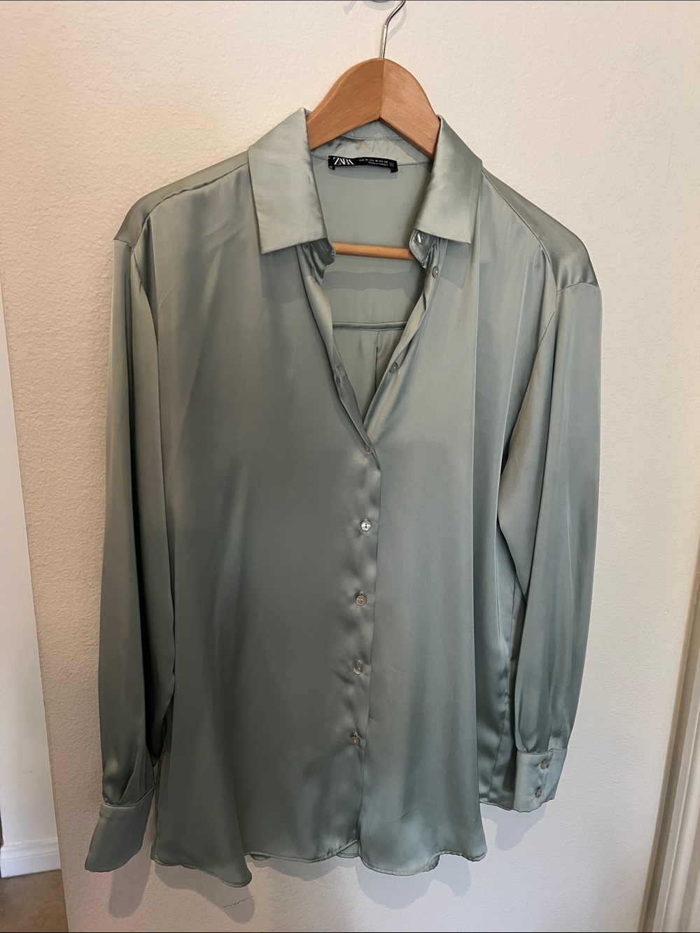 Zara Light Sage Satin Button-Up Shirt